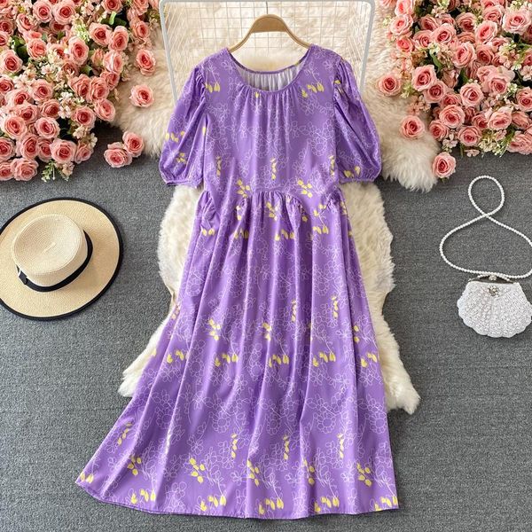 

party dresses uulutonica summer spring loose purple print puff sleeve a-line high waist chic o-neck women female dress, White;black