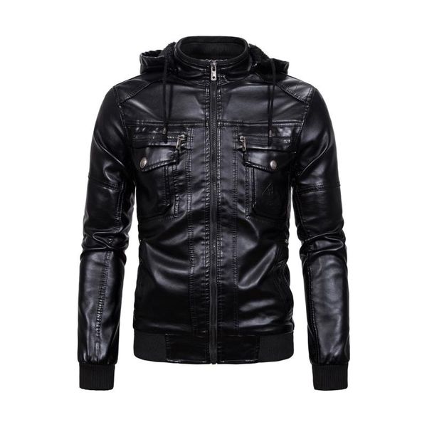 

men's jackets winter men fashion leather coat male long sleeve hooded chest pockets zipper drawstring casual warm chic cardigan s-3xl, Black;brown