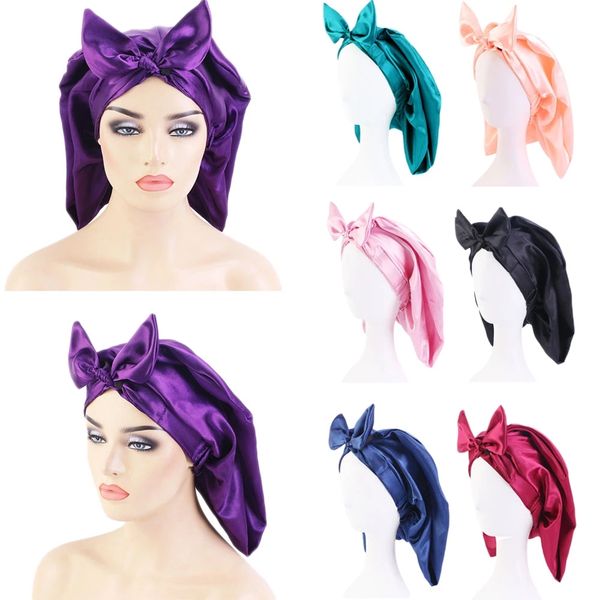 

solid satin bonnet wide stretch ties long hair care women night sleep hat adjust hair styling cap bowknot head wrap shower cap, Blue;gray