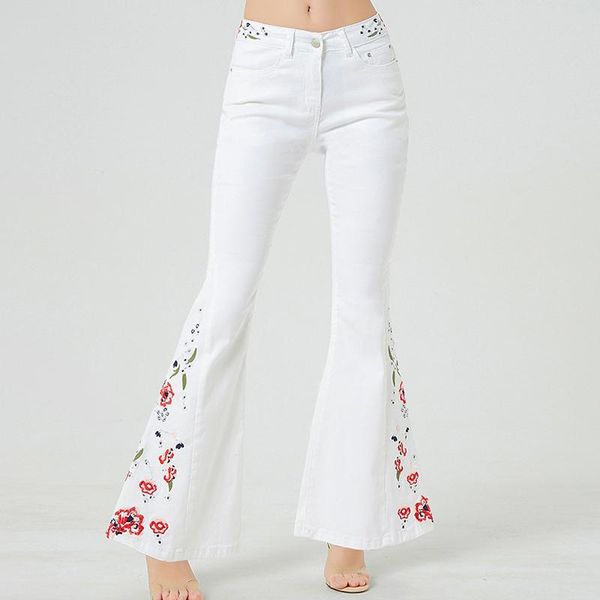 

women's jeans women stretch flare embroidery flower wide leg pants boot cut high waist denim trouser female skinny bell bottom plus siz, Blue