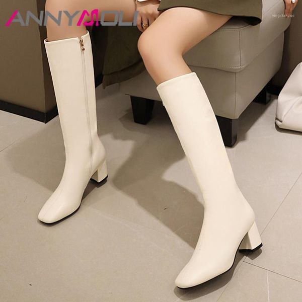

boots annymoli high heel woman chunky knee square toe long zipper female shoes autumn winter black size 461