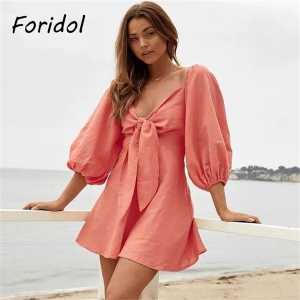 Пустоты Bownot Front летнее платье женщины Mini Boho Beach Sun короткие ES повседневная мода Vestidos Mujer 210427