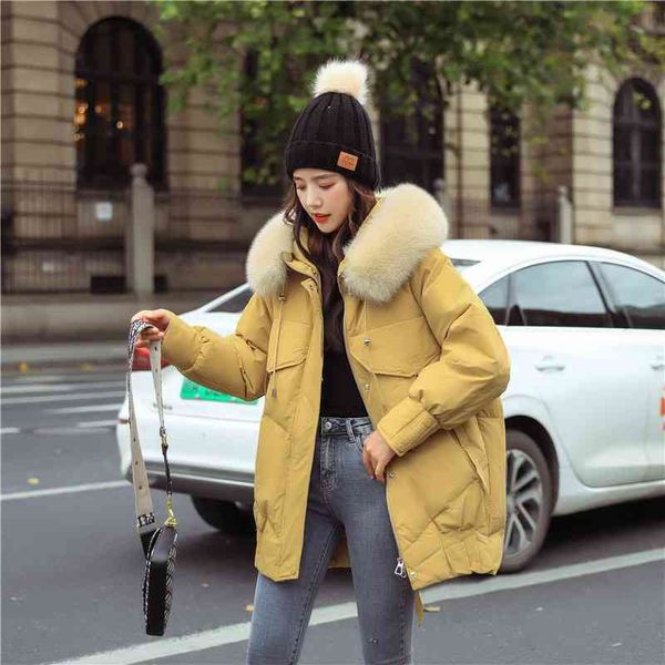 

medium and long women's wear 2020 new white duck down real wool collar thickened versatile jacket in winter, Black
