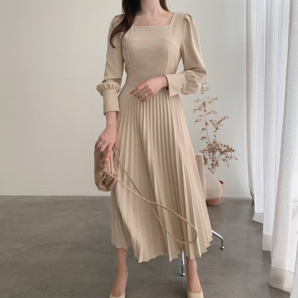 

casual dresses dress chic spring product of south korea light luxury design temperament square collar with thin waist and pleated long for w, Black;gray
