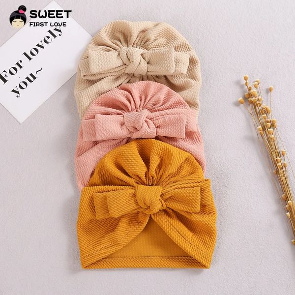 Gorros de algodão de bebê sólido Bonito camada dupla Bowknot Turbante bonés Doces macios macios para meninos recém-nascidos meninas headwraps