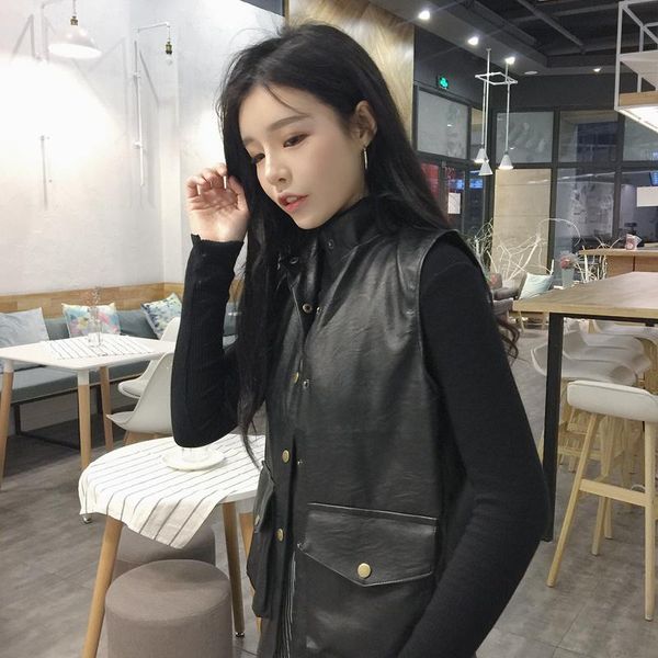 

women's vests of autumn clothing loose slim fit all-match black pu leather coat, Black;white