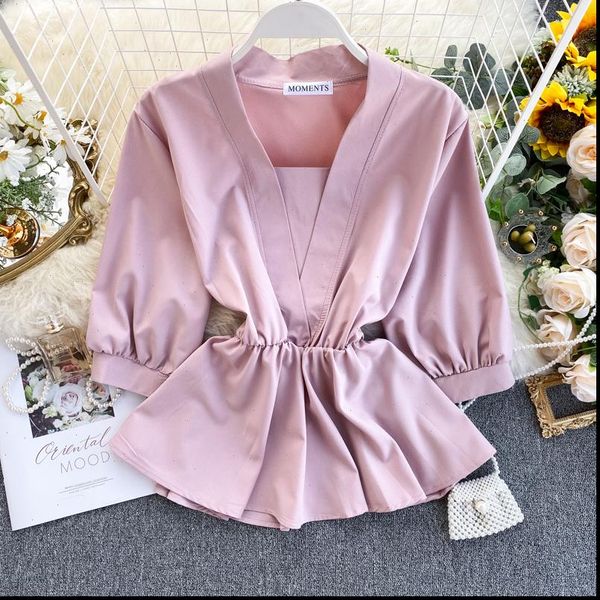 

women blouses womens temperament shirt spring autumn design ruffles lace up waist wild tide solid three quarter shirts ml673, White