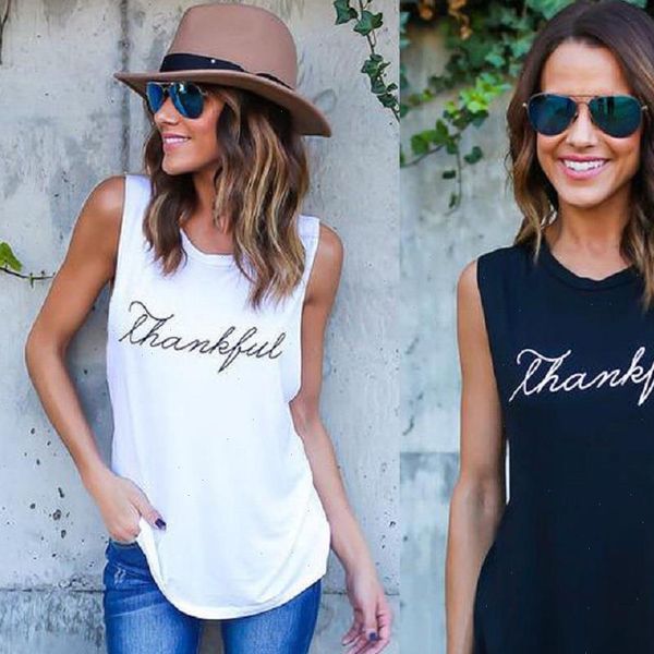 

summer sleeveless black womens tanks round neck regular fit wear letter printed t shirt tee, White