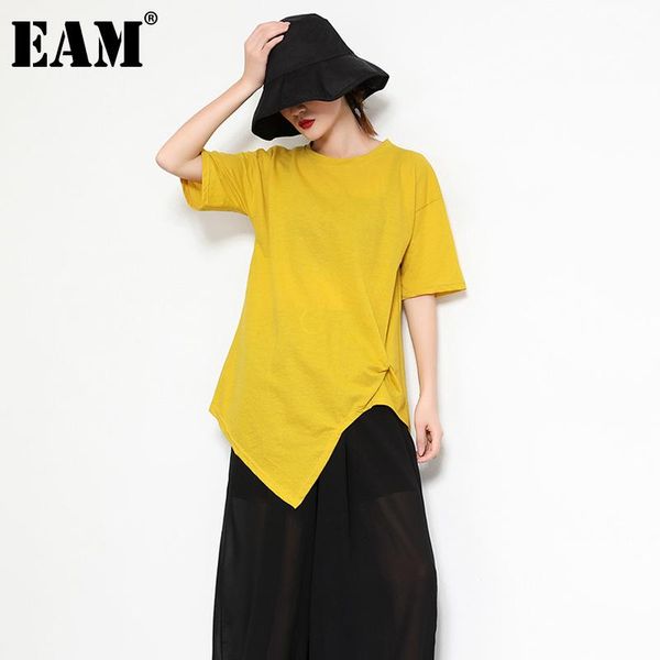 

[eam] women irregular knot yellow temperament t-shirt round neck short sleeve fashion tide spring summer 2021 1dd2304 women's, White
