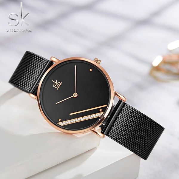 

wristwatches sk women watches fashion ladies quartz watch diamond dial simple gold mesh luxury relogio feminino, Slivery;brown
