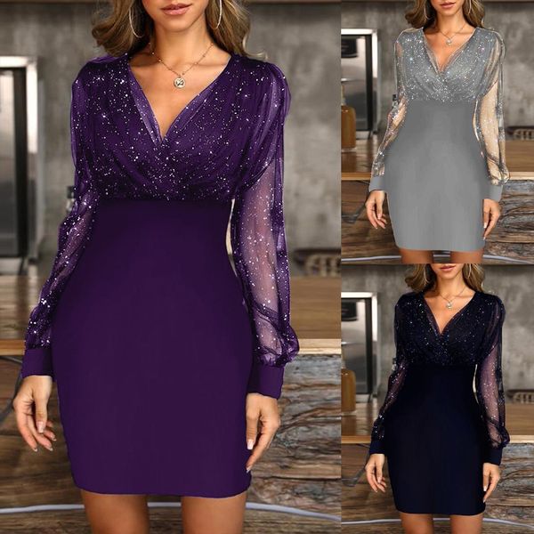 

long sleeve sequin split women dress summer black retro elegant party culb fashion, Black;gray