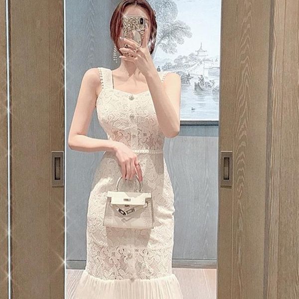 

casual dresses [ewq] fashion temperament solid color robe square neck hollow sling sleeveless white midi dress women summer 2021 16w1449, Black;gray