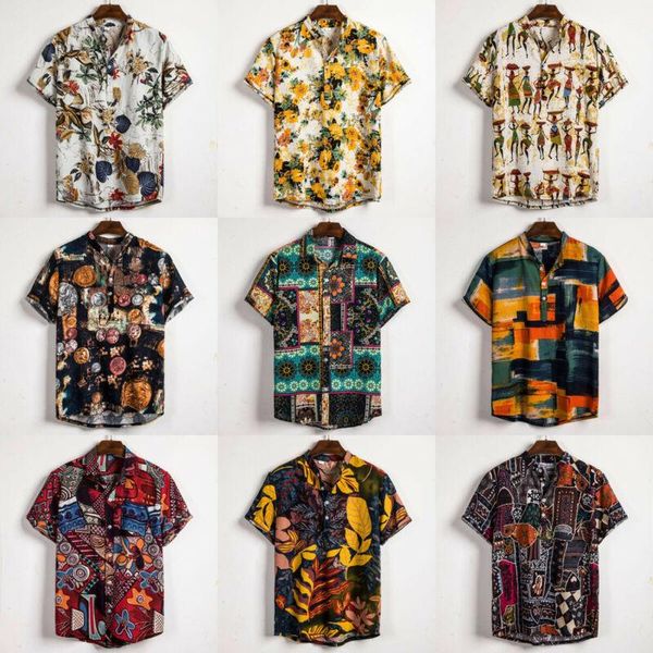 

men's casual shirts linen short sleeve shirt men summer floral loose baggy hawaii holiday beach tee buttons blouse national style, White;black