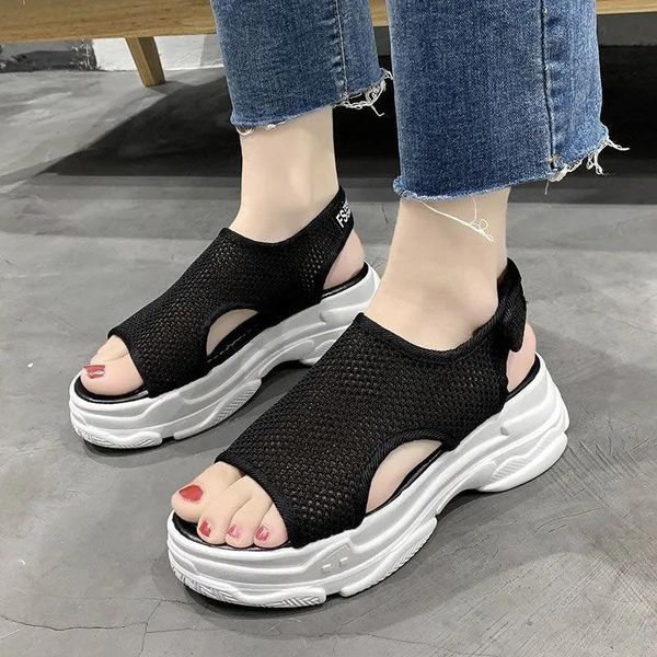 

sandals 2021summer mesh casual wedges hollow platform shoes korean style height increase 6cm stretch fabric women sport, Black