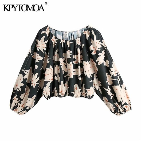 

women fashion floral print cropped blouses vintage lantern sleeve with elastic trims female shirts chic 210420, White