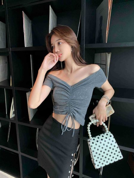 

luxury evening dress french off shoulder short women's summer 2021 dign sense of chic temperament low cht suspender vt, Black;gray