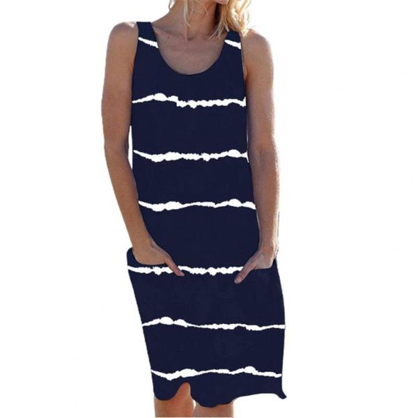 

casual dresses 2021 summer women o neck stripe print pockets sleeveless midi dress streetwear for dating, Black;gray