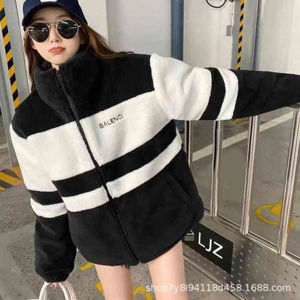 

women's wool & blends ouhuochao brand autumn and winter lamb wool sand zipper cardigan women's thickened couple cashmere coat b2ti, Black