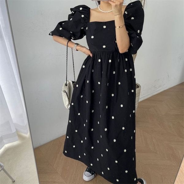

chic women summer dress embroidered cotton bubble sleeve square neck dot for elegant french es vestido 140 210421, Black;gray