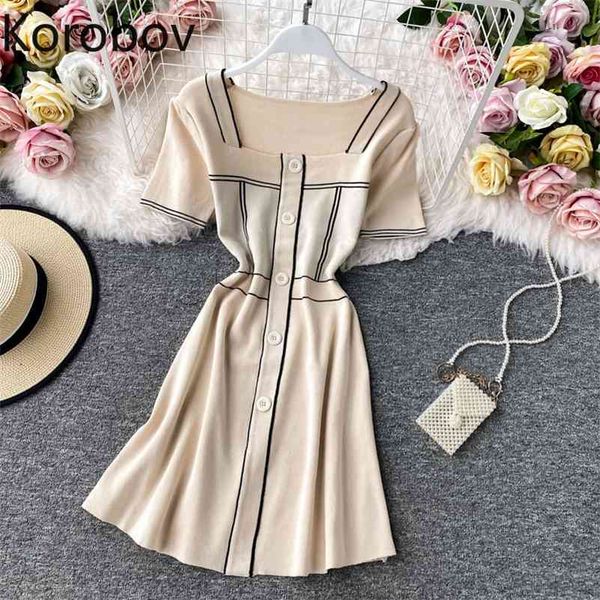 

korobov korean summer women knitted dress vintage short sleeve striped vintage ol female dresses button vestidos femme 210430, Black;gray