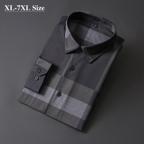 

men's casual shirts brand business autumn fashion long sleeve gray plaid loose shirt work dress plus size 5xl 6xl 7xl, White;black
