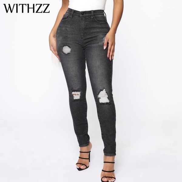 

female hole denim pantstrousers torn pencil pants women's elasticity ripped jeans, Blue