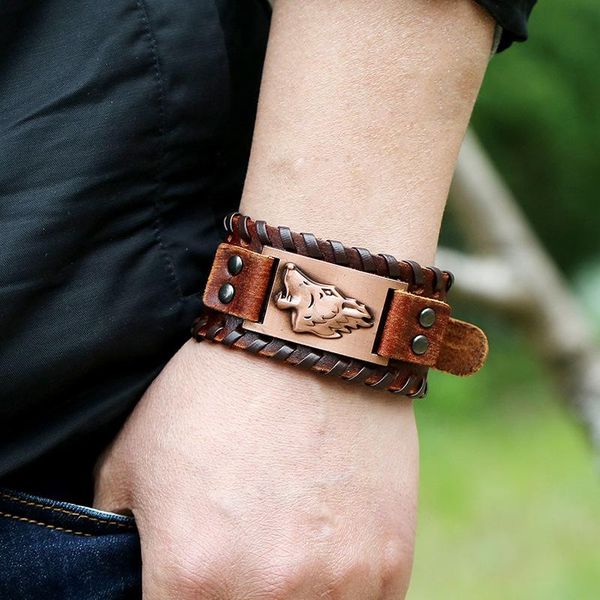 

charm bracelets design wide leather bracelet nordic viking giant wolf men's punk woven accessories party jewelry, Golden;silver