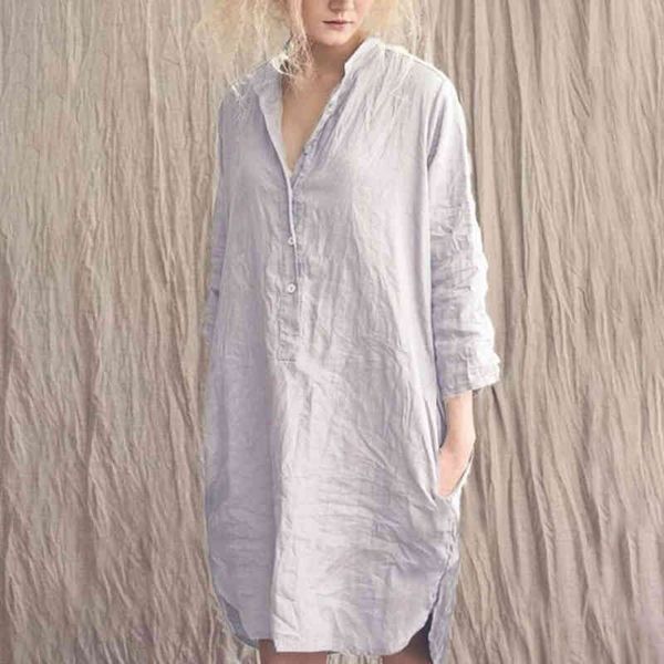 

women loose v neck ruched shirt dress spring summer 3/4 sleeves pocket button casual cotton linen leisure wear long dress 210416, Black;gray
