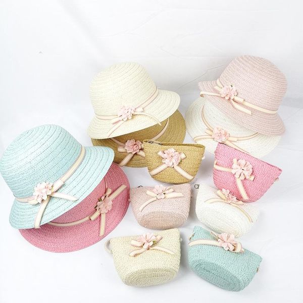 

wide brim hats summer baby flower breathable hat straw with handbag bags kids boy girls sun visor uv protection panama gorras, Blue;gray