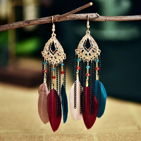 

hoop & huggie style europe and america long-style feather earrings black chain tassel drop bohemian beach, Golden;silver