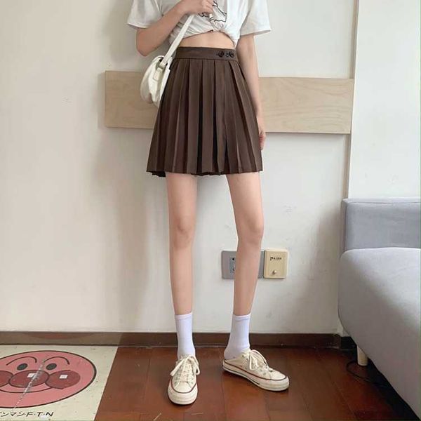 

fashion skirts 2021 summer korean high waist pleated net red design button adjustment women's a-line short, Black