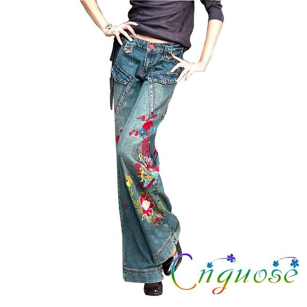 

women's pants & capris 2021 autumn and winter casual fashion retro wide leg female embroidery pattern jeans straight trousers womens, Black;white