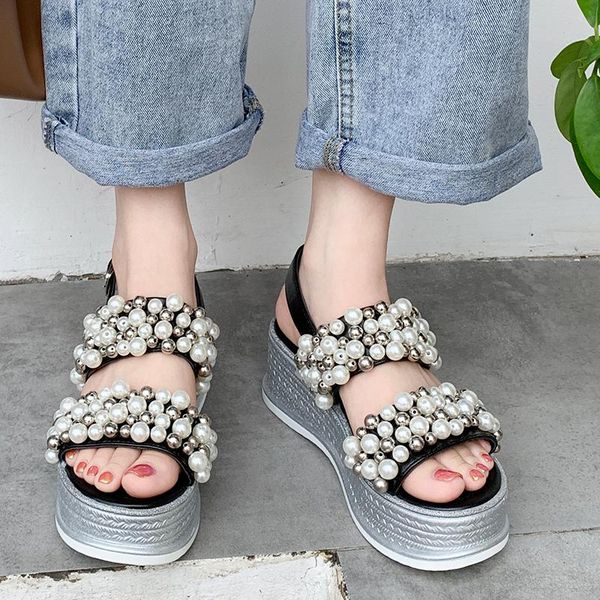 

rimocy luxury string bead wedges sandals women 2021 chunky platform beach shoes woman fashion ankle strap sandalias mujer silver, Black
