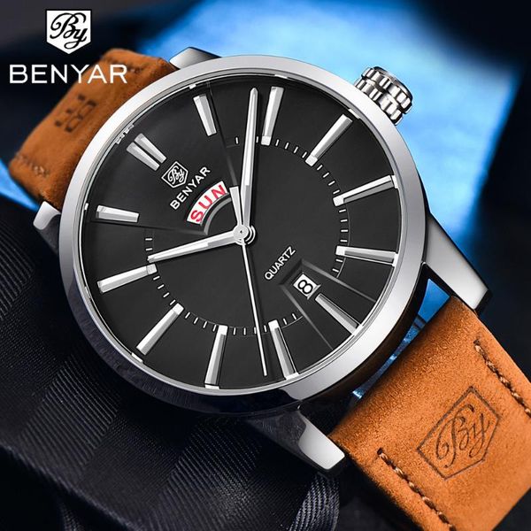 

wristwatches benyar mens watches business quartz watch fashion leather waterproof clock montre homme, Slivery;brown