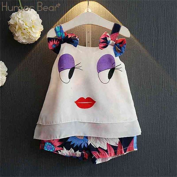 

brand summer girl clothes suit cute big eye sling vest shirt+printed shorts 2pcs set clothing for baby girls 210611, White