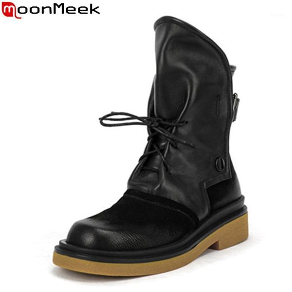 

boots moonmeek 2021 arrival fashion women genuine leather thick heels square toe black color ankle ladies shoes1