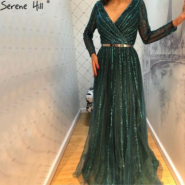 

party dresses serene hill green luxury elegant v-neck a-line evening dress 2021 long sleeves beading women formal wear gown cla70790, White;black