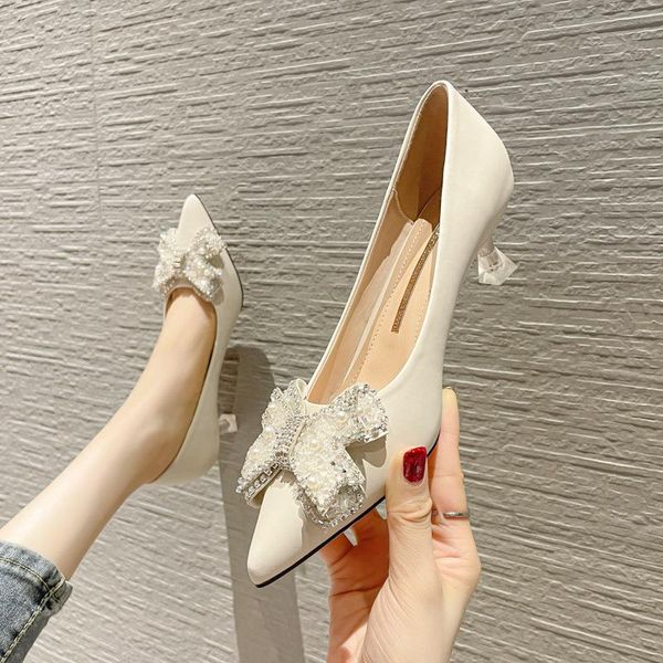 

sandals high-heeled shoes womens stiletto with bowknot pearl shallow mouth pointed toe single fashionable all-match soft leath, Black