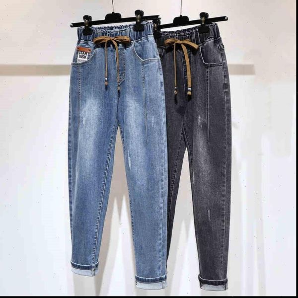 

ripped high waist women jean plus size drawstring full length loose denim female harem pants, Blue
