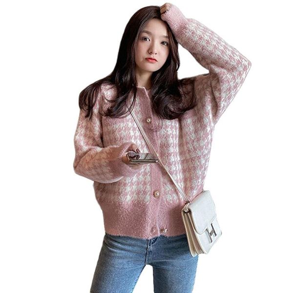 

women's knits & tees autumn korean houndstooth short sweater cardigan jacket women imitation mink fleece knitwear vintage knitted coat, White
