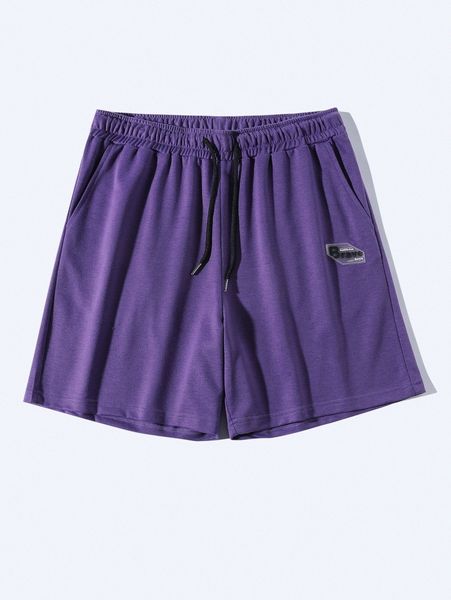

men slogan patched detail drawstring waist shorts l2t8#, Black