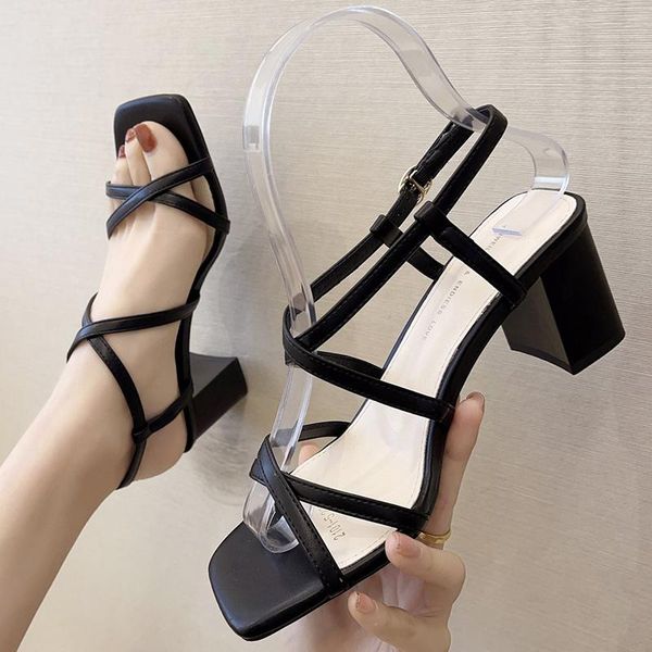 

rimocy classic black square heels sandals women 2021 pu leather cross strap summer shoes woman casual gladiator sandalias mujer