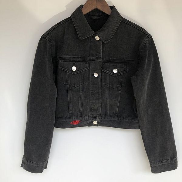 

women's jackets fam's 2021 spring denim coat simple red lip embroidery black short jacket long sleeve blouse, Black;brown