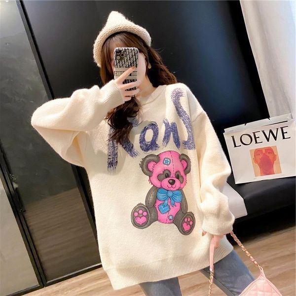 

women's sweaters sweater knit wear winter pink fashion cartoon graffiti bear kawaii mid-length korean version loose plus size girl, White;black