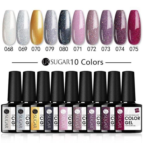 

sugar 7.5ml 10pcs gel nail polish set glitter uv nails long lasting soak off base coat no wipe coat1