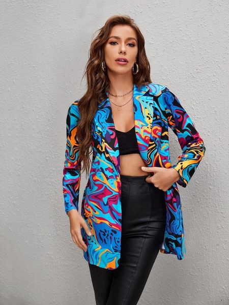 

women's jackets fashion personality printing casual loose women small suit spring autumn lapel long-sleeved slim one-button ladies jack, Black;brown