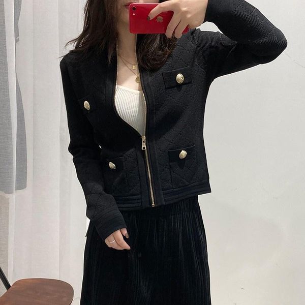 

women's jackets stand women collar diamond lattice knit cardigan spring autumn zipper long sleeve casual outerwear slim elegant jacket, Black;brown