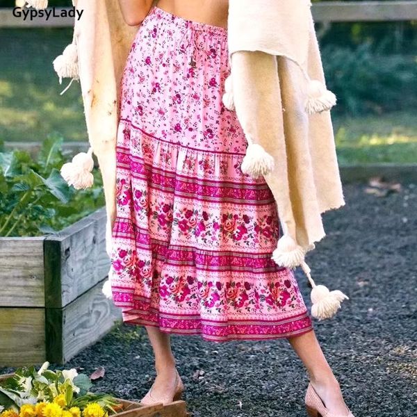 

gypsylady pink floral maxi skirt casual vintage print long skirts women boho elastic waist lace tie up girls beach holiday, Black