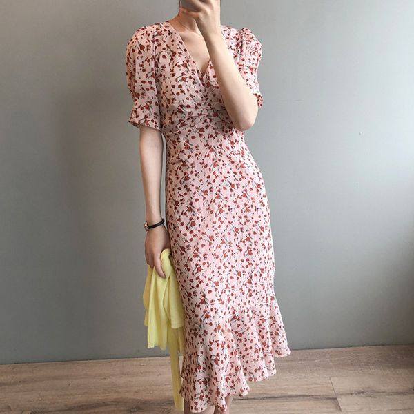 

casual dresses v neck floral print chiffon elegant short sleeve ruched slim waist women summer female maxi 2021 x1uw, Black;gray