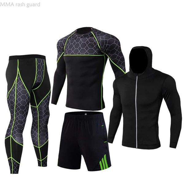 

4-piece workout jogging suits for men tracksuit winter compression underwear fluorescent green strip grid gym fitness clothing, White;black